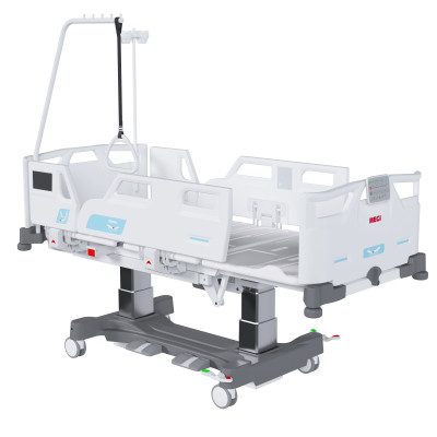 Кровать медицинская функциональная 4-секционная MEGI Alta с регулированием высоты электроприводами  колонного типа, пластиковыми спинками, пластиковыми боковыми ограждениями с пультом управления, пластиковым ложем, регулированием секций