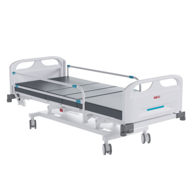 Кровать медицинская функциональная MEGI Opti 1 с регулированием высоты электроприводом, пластиковыми спинками, реечными боковыми ограждениями, ложем из стального листа, регулированием секций электроприводами